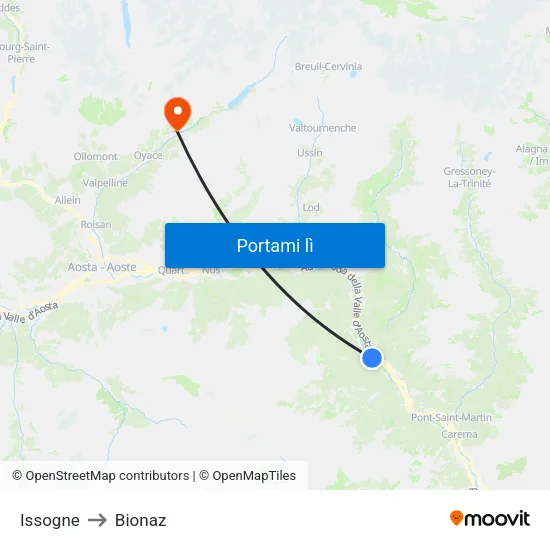 Issogne to Bionaz map