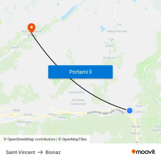 Saint-Vincent to Bionaz map