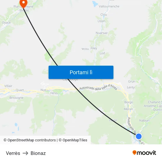 Verrès to Bionaz map
