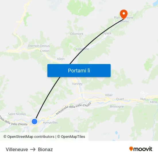 Villeneuve to Bionaz map