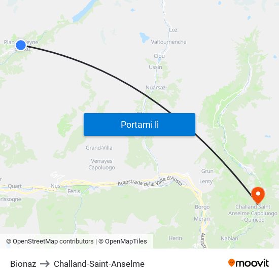 Bionaz to Challand-Saint-Anselme map