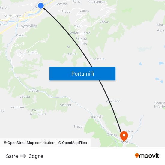 Sarre to Cogne map