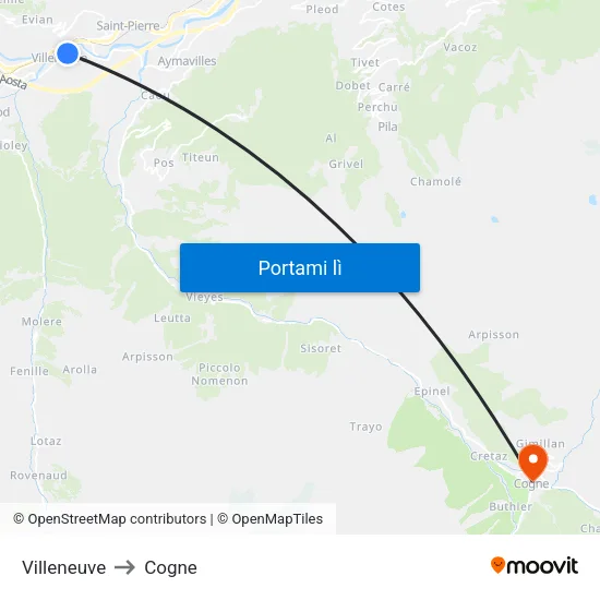 Villeneuve to Cogne map