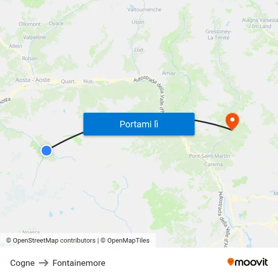 Cogne to Fontainemore map