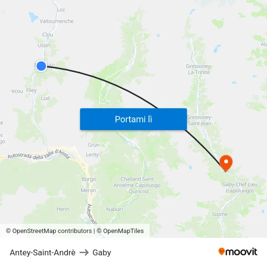 Antey-Saint-Andrè to Gaby map