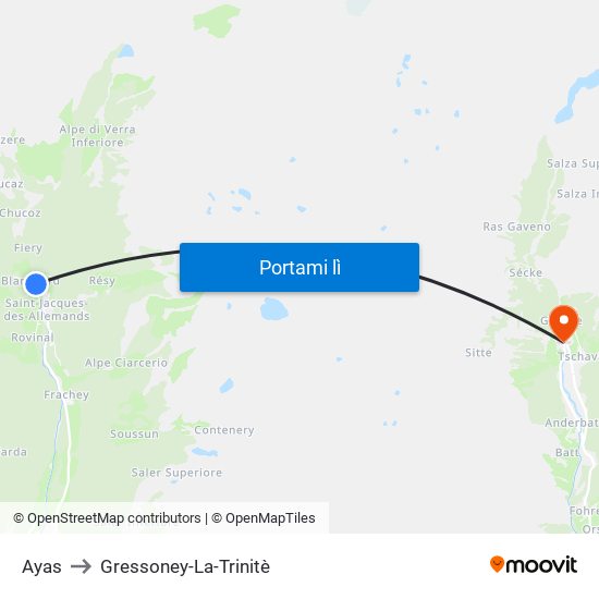 Ayas to Gressoney-La-Trinitè map