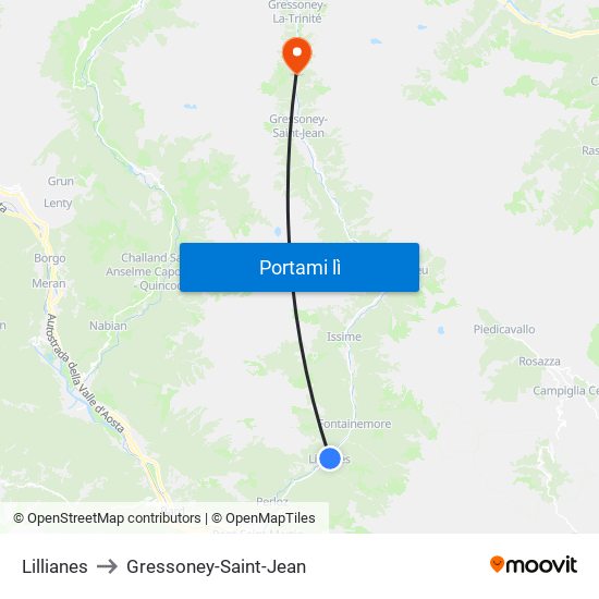 Lillianes to Gressoney-Saint-Jean map