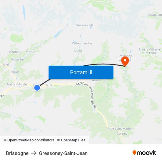 Brissogne to Gressoney-Saint-Jean map