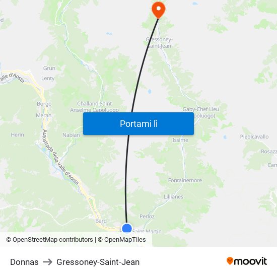 Donnas to Gressoney-Saint-Jean map