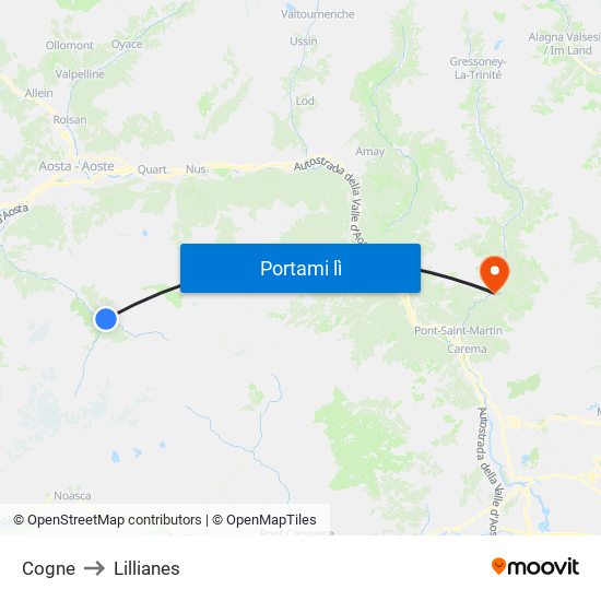 Cogne to Lillianes map