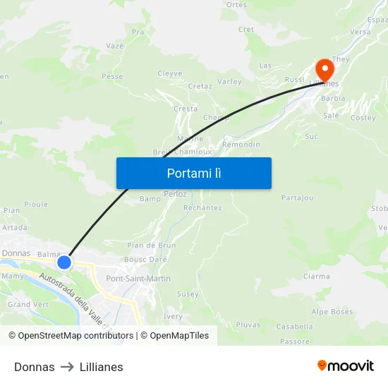 Donnas to Lillianes map