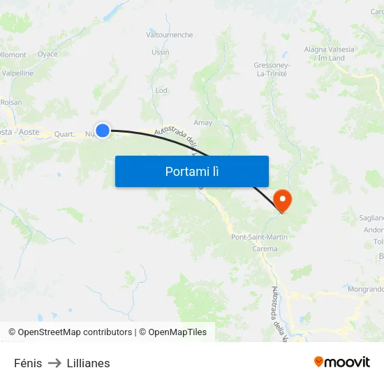 Fénis to Lillianes map