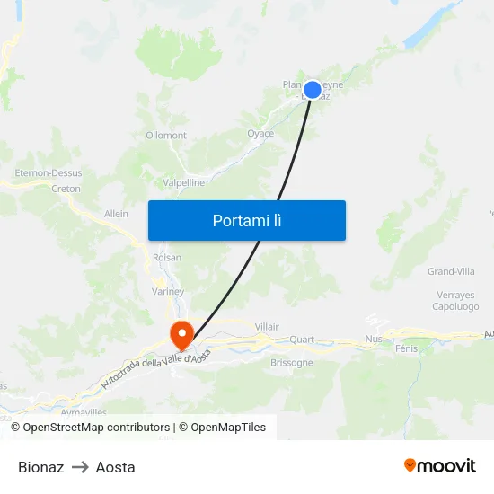 Bionaz to Aosta map