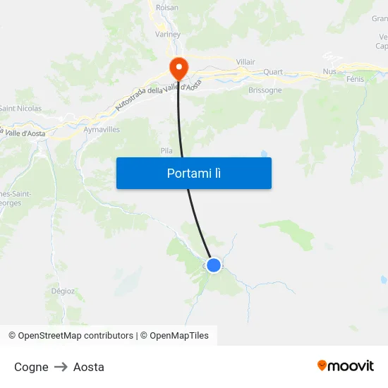 Cogne to Aosta map