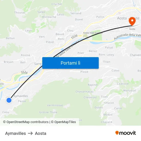 Aymavilles to Aosta map