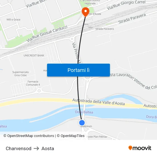 Charvensod to Aosta map