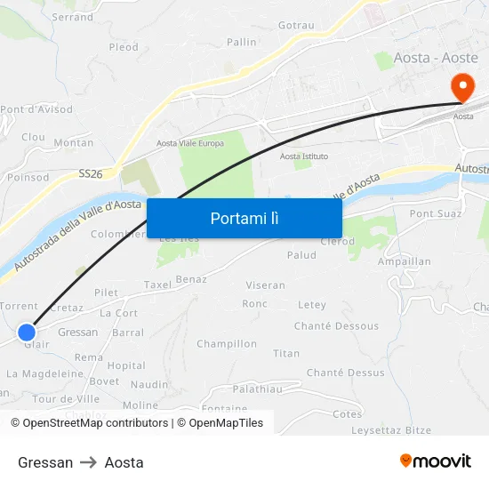 Gressan to Aosta map