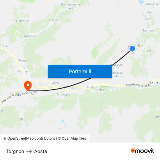 Torgnon to Aosta map