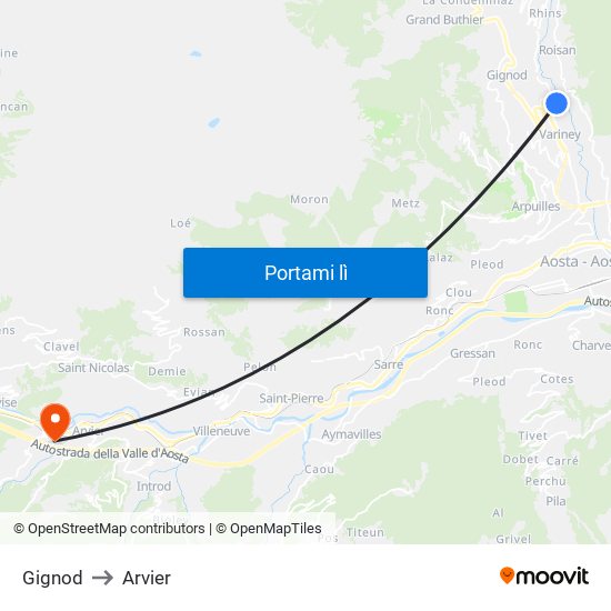 Gignod to Arvier map