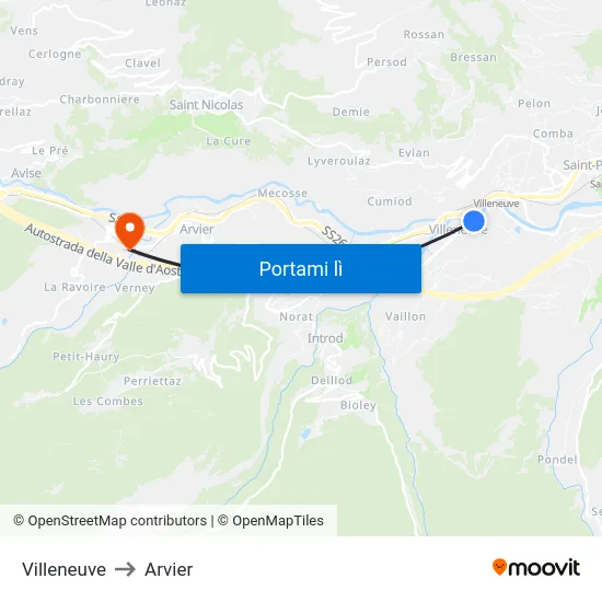 Villeneuve to Arvier map