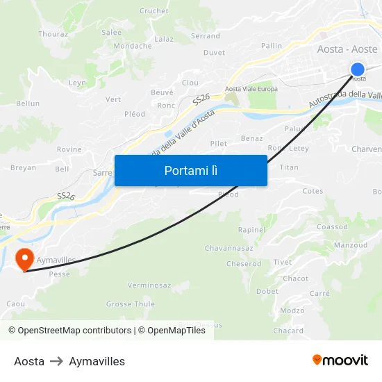 Aosta to Aymavilles map