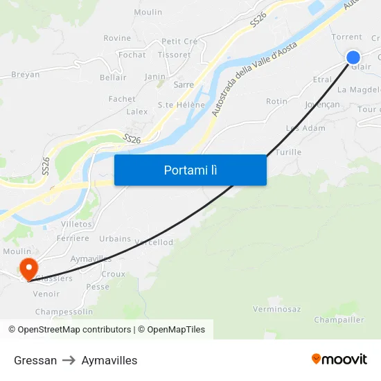 Gressan to Aymavilles map
