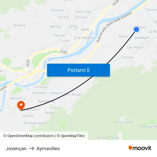 Jovençan to Aymavilles map
