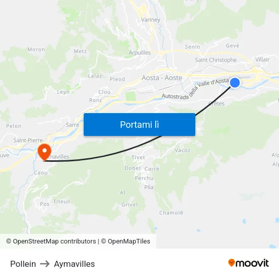 Pollein to Aymavilles map