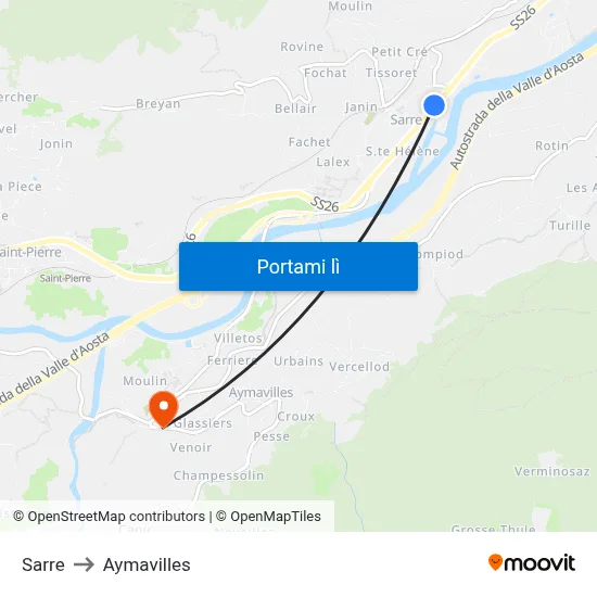 Sarre to Aymavilles map
