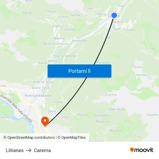 Lillianes to Carema map