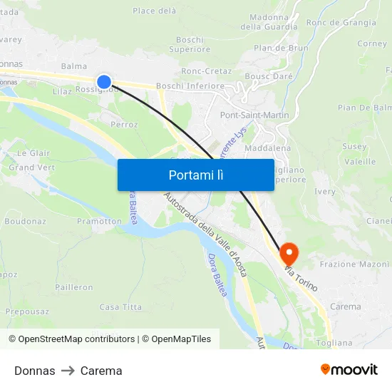 Donnas to Carema map