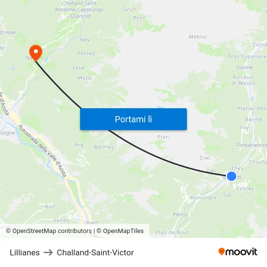 Lillianes to Challand-Saint-Victor map