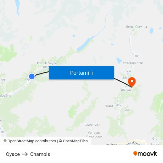 Oyace to Chamois map