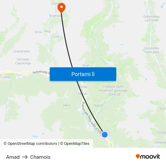 Arnad to Chamois map