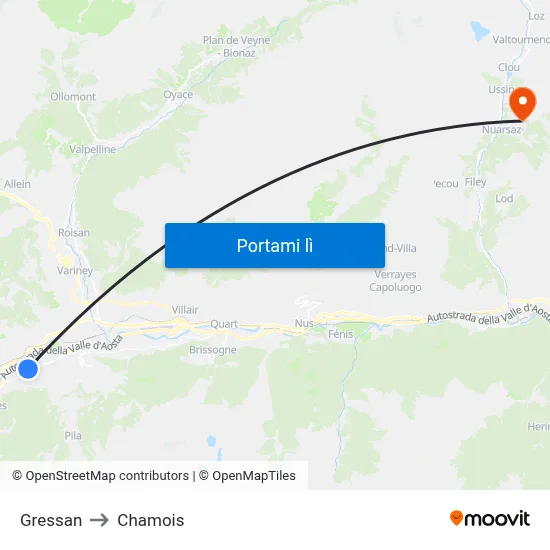 Gressan to Chamois map
