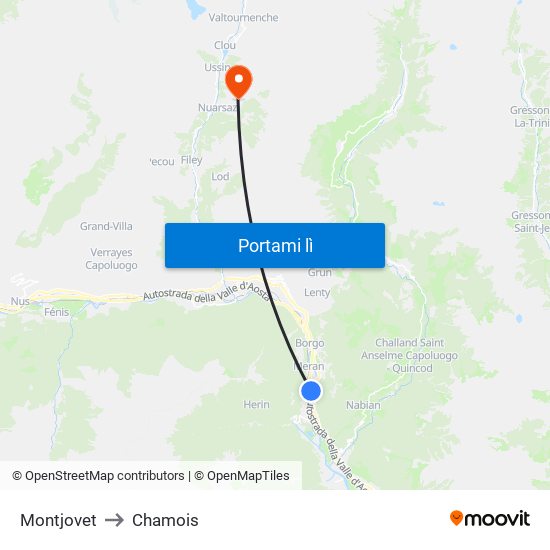 Montjovet to Chamois map