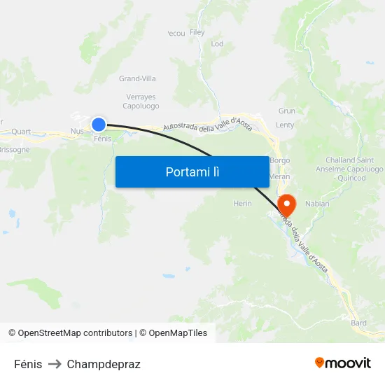 Fénis to Champdepraz map