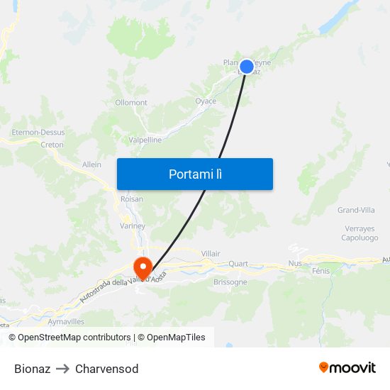 Bionaz to Charvensod map