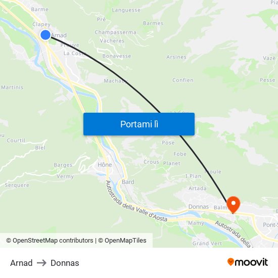 Arnad to Donnas map