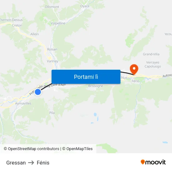 Gressan to Fénis map