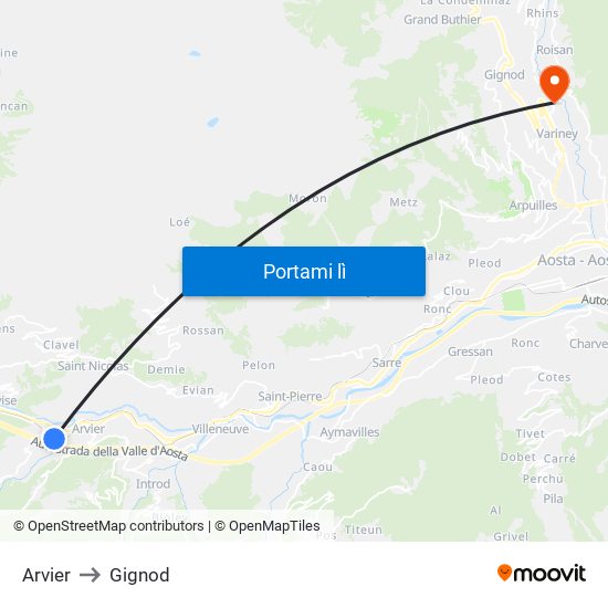 Arvier to Gignod map