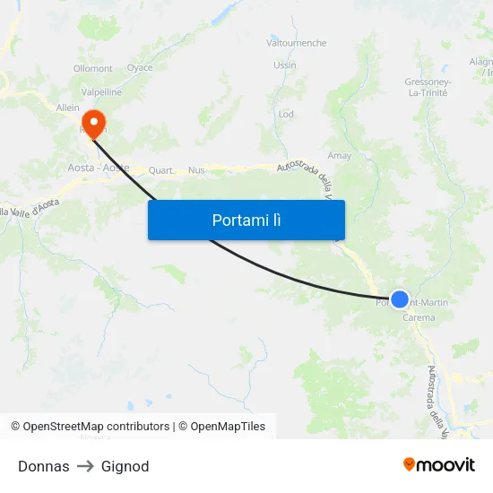 Donnas to Gignod map