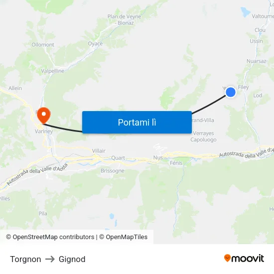 Torgnon to Gignod map