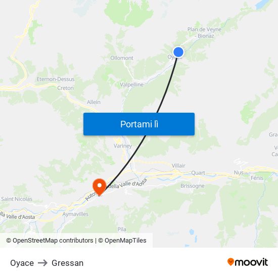 Oyace to Gressan map