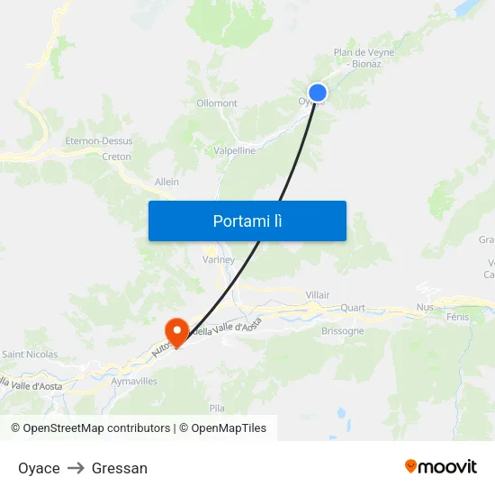 Oyace to Gressan map