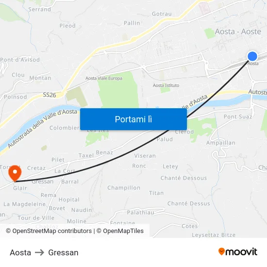 Aosta to Gressan map