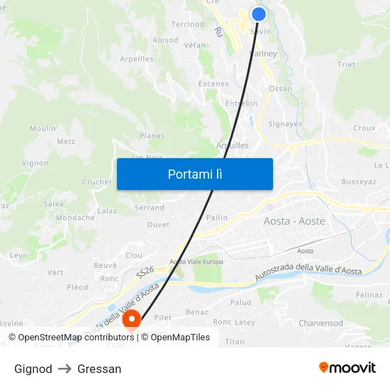 Gignod to Gressan map