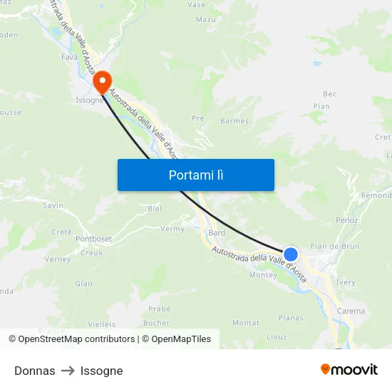 Donnas to Issogne map