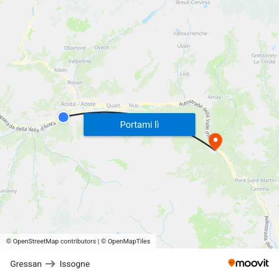 Gressan to Issogne map