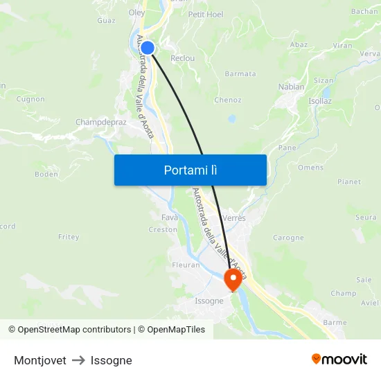 Montjovet to Issogne map